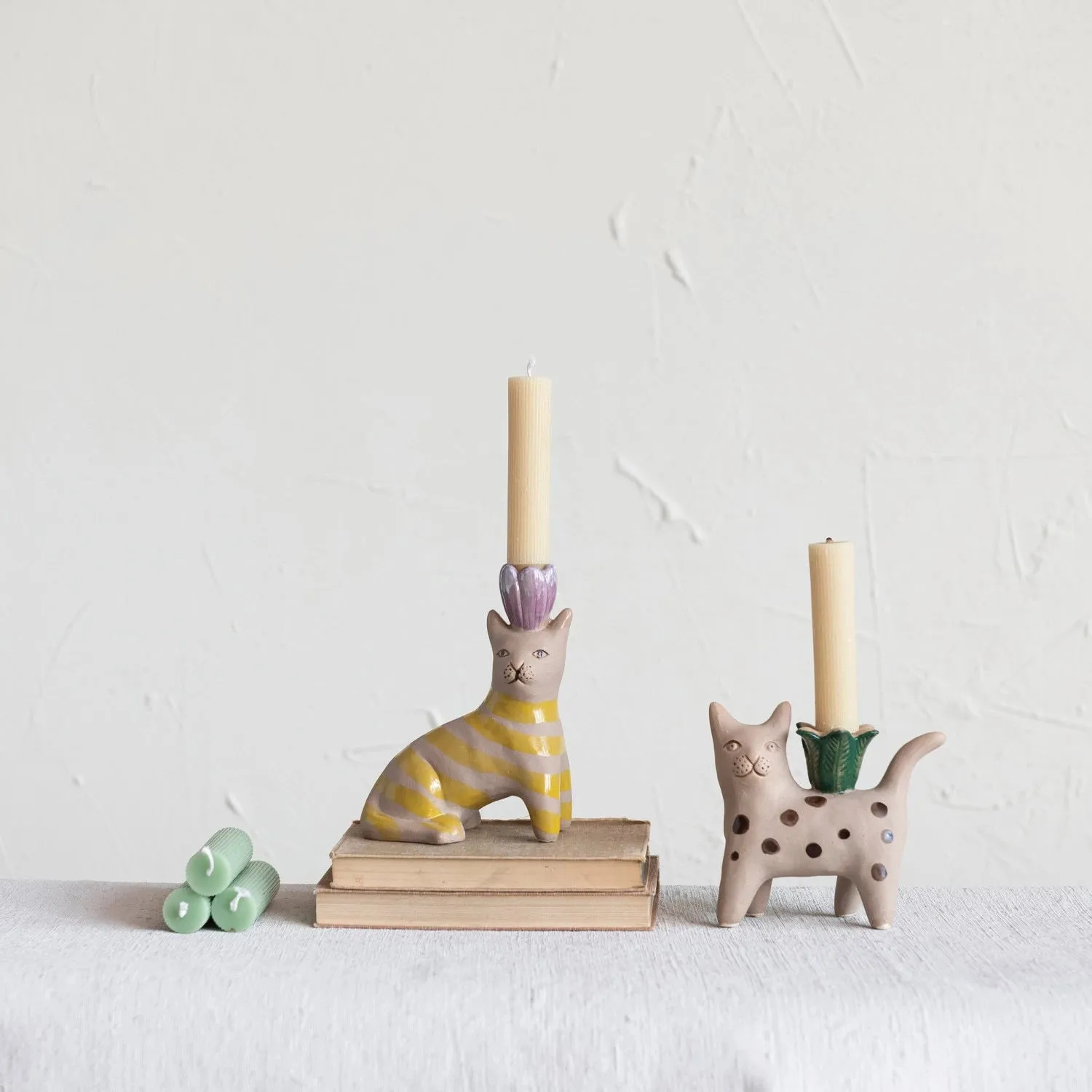 Handpainted Stoneware Cat Taper Holder / Assorted Styles