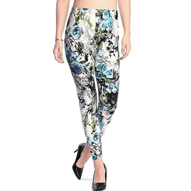 Women Elastic Design Vintage Graffiti Floral Patterned Print Leggings
